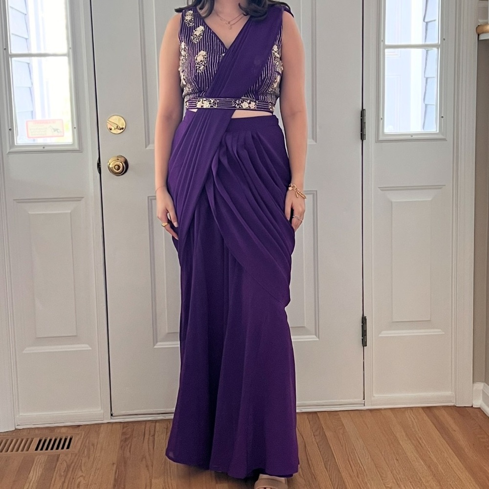 Purple Draped Palazzo Set With sequin Bead Hand Embroidered Blouse and Belt